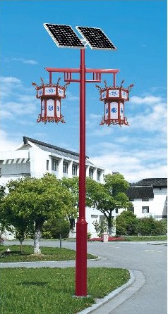 3-4米红色格子臂灯笼形双灯头太阳能庭院灯TYN-03011